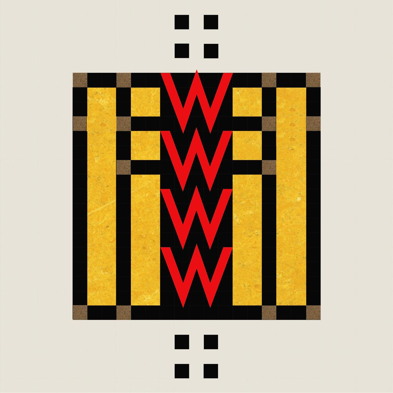 Abstract geometric design with black and yellow vertical stripes bordered in brown, featuring red zigzag shapes in the center. Four small black squares are aligned above and below the pattern on a light background.