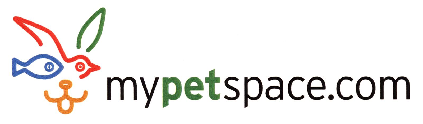 Logo featuring a stylized outline of a fish, bird, and dog face in red, blue, green, and orange, followed by "mypetspace.com" in black and green text.