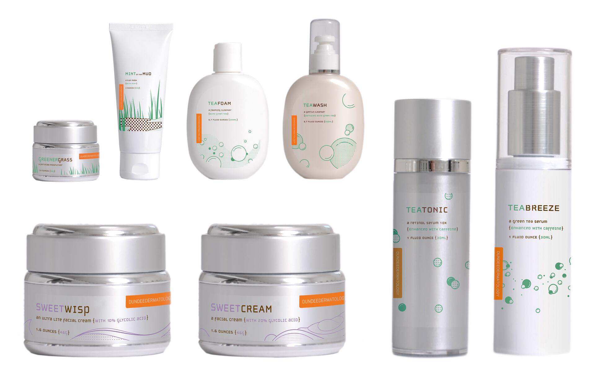 Various skincare product containers, including jars, bottles, and tubes labeled with product names like "Sweet Wisp," "Teafoam," and "Tea Breeze." The packaging features green and orange accents on a white background.