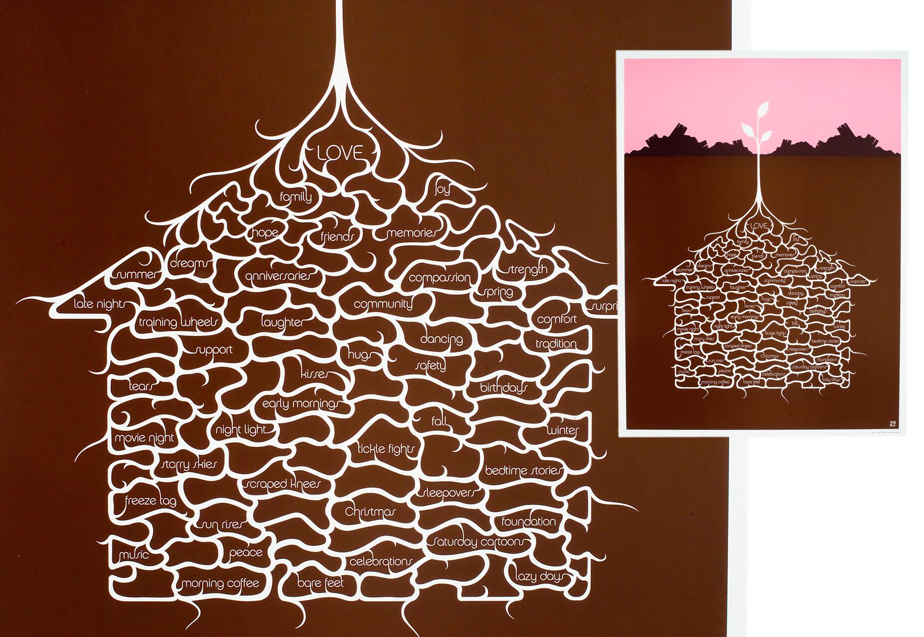 Graphic of a tree with white roots on a brown background. Words like "family," "joy," and "memories" are embedded in the roots. The inset shows the graphic on a pink and brown background, emphasizing love and life themes.