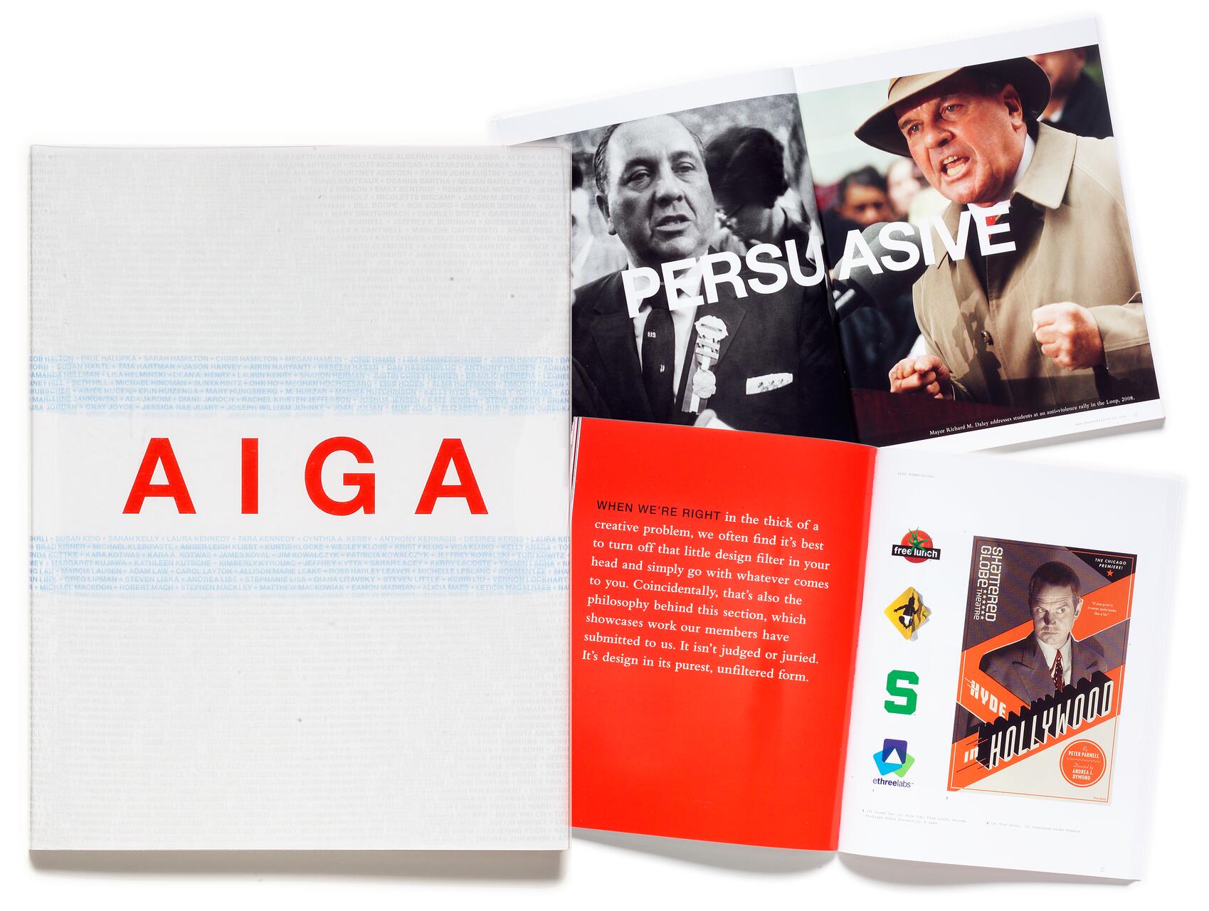 A magazine spread featuring a large "AIGA" text on the left, a black-and-white photo of two men with "PERSUASIVE" text on the upper page, and colorful designs and text on the lower pages.