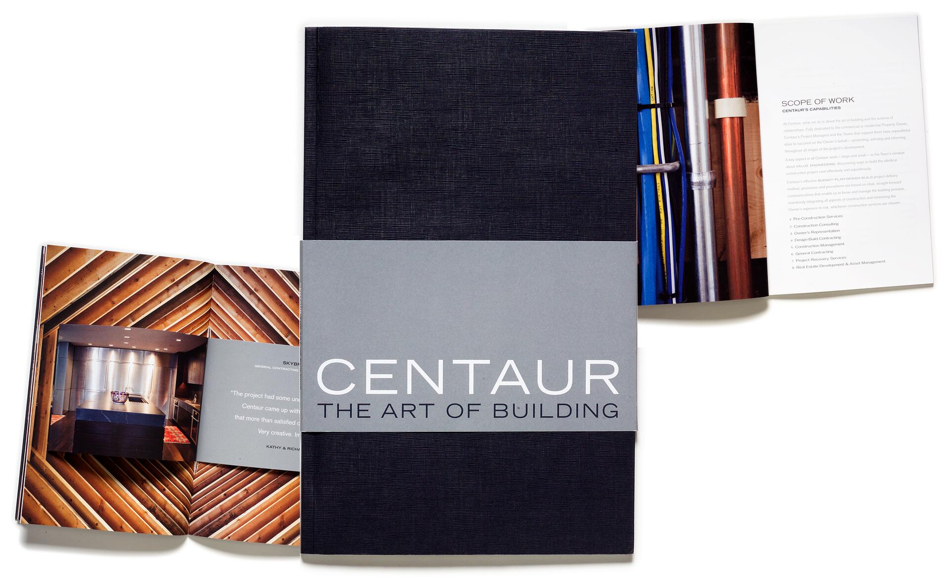 Brochure of Centaur Construction, featuring the title "The Art of Building" on a dark cover, with partially open pages displaying architectural images and text about their services.
