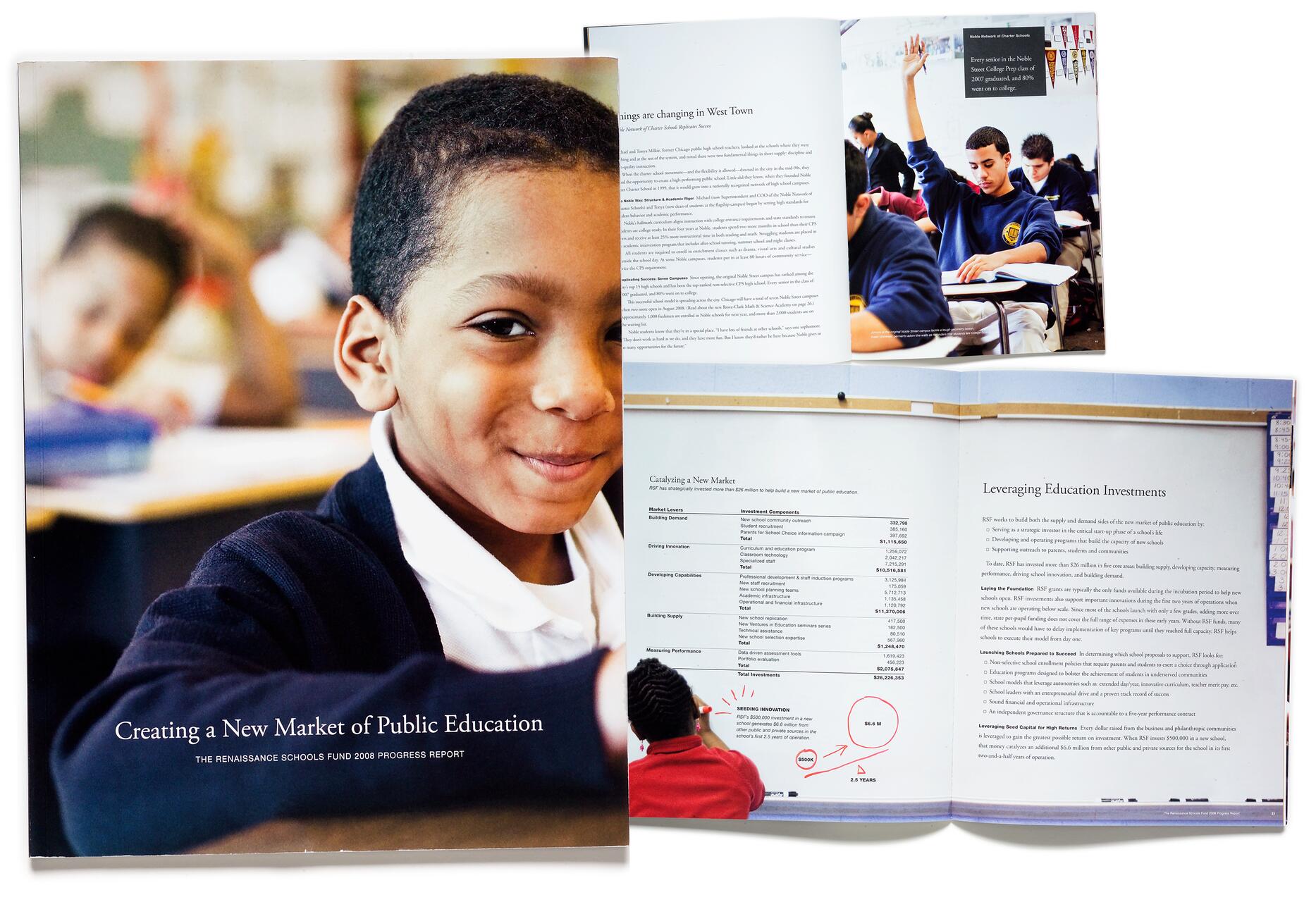 Smiling child in school uniform, with open book showing educational content and students in a classroom.