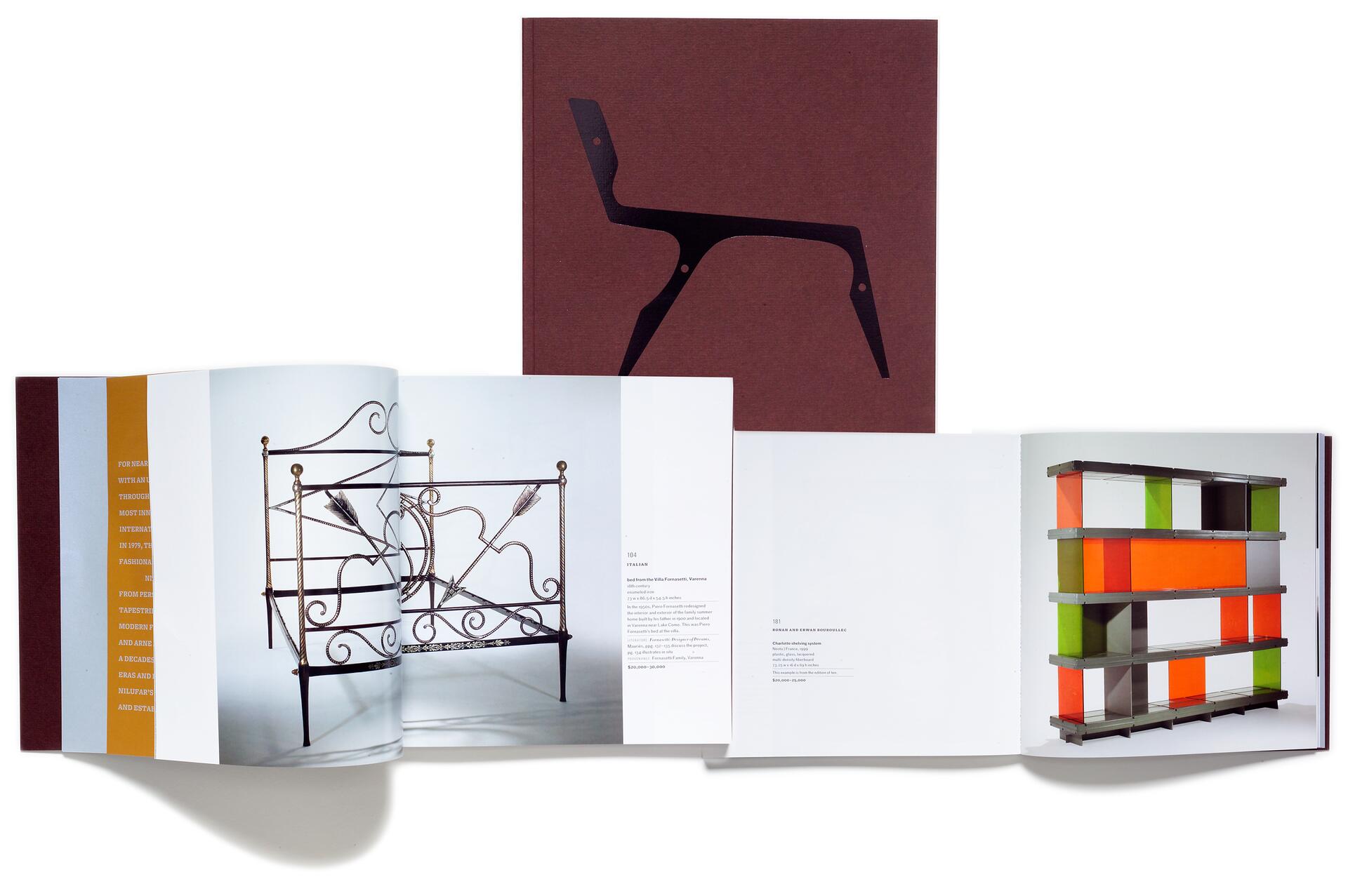 Open book displaying modern furniture designs, including an intricate metal sculpture and a colorful, modular shelving unit. Brown cover shows a stylized chair graphic.