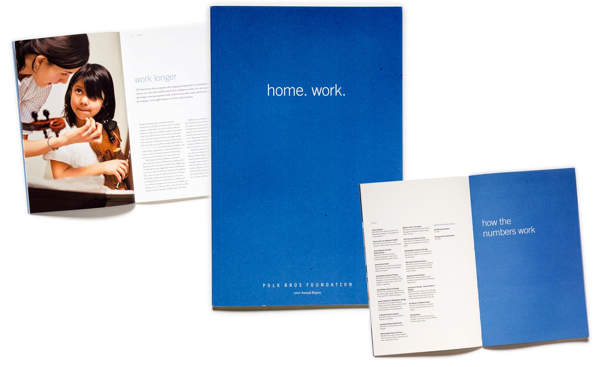 Three open booklets on a white background. The largest has a blue cover with "home. work." text. One inside page features a woman teaching a child violin. Another smaller booklet shows black text on white pages.