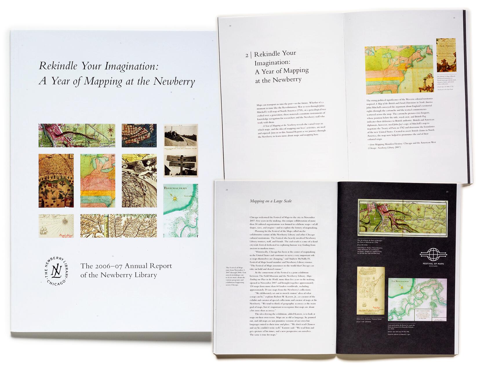 Newberry Library annual report cover and interior pages featuring various colorful historical maps and text.