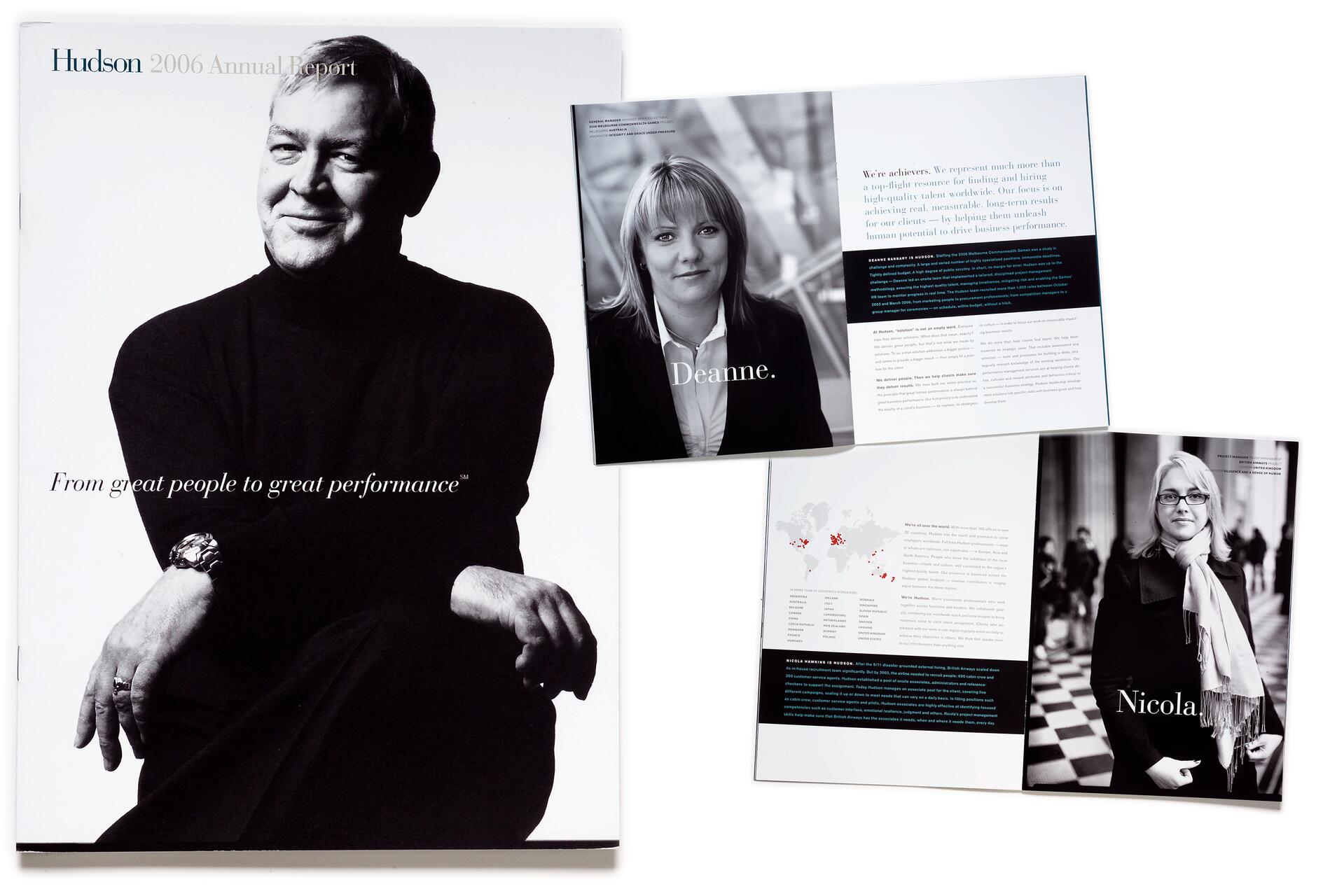 Black and white photograph of a man in a turtleneck on the cover of Hudson's 2006 Annual Report, with smaller inset pages featuring portraits of two women named Deanne and Nicola.