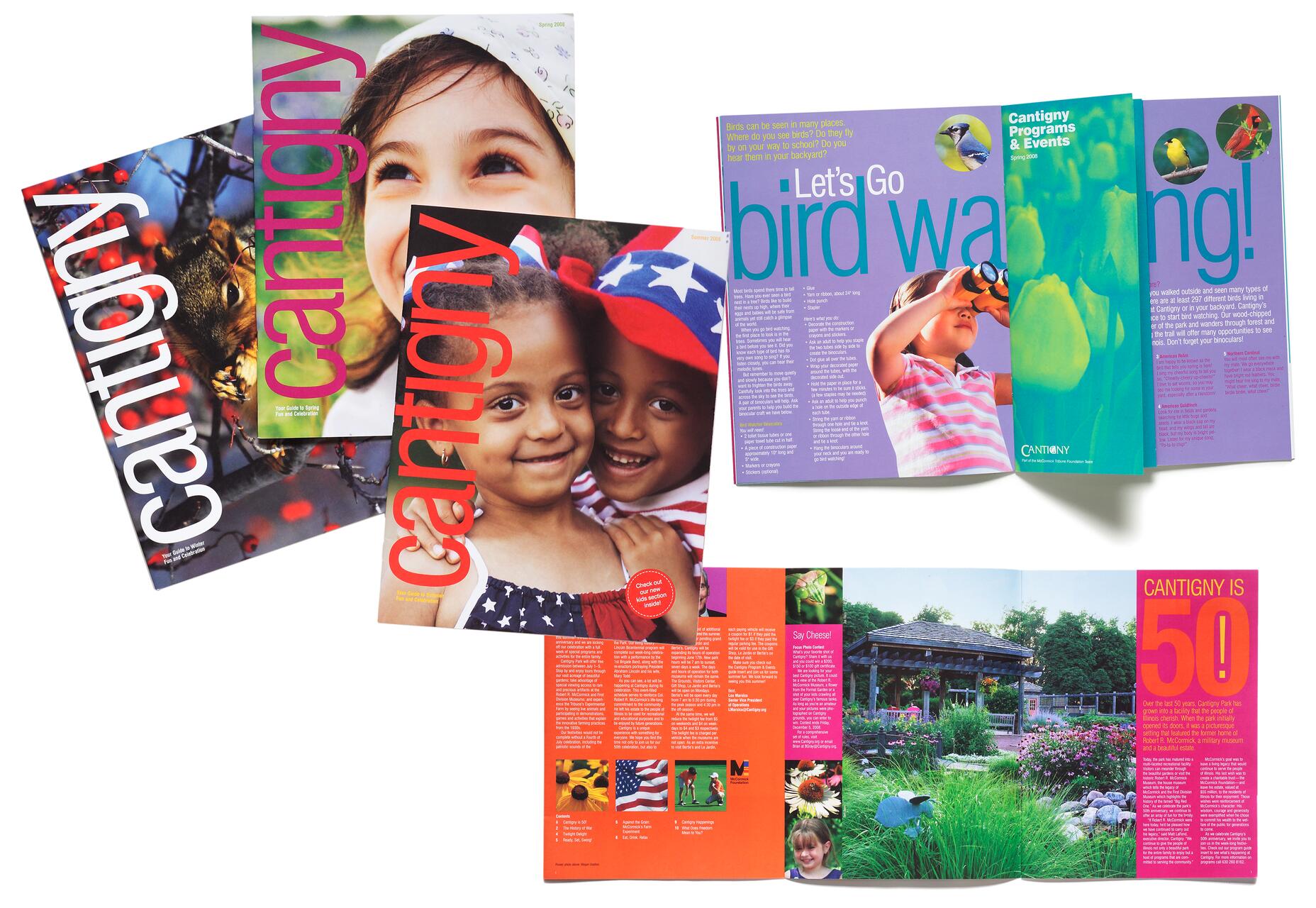 Collage of Cantigny brochures featuring children, nature, and birdwatching. Bright colors and smiling faces highlight themes of outdoor activities and community events.