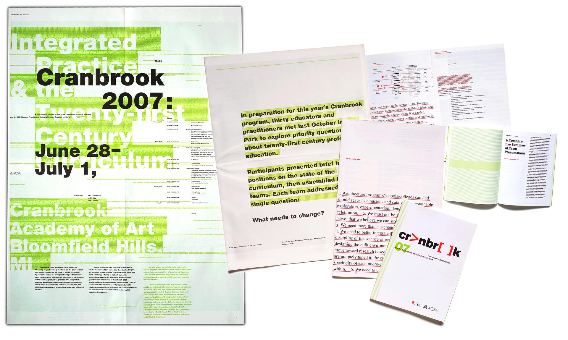 Cranbrook 2007 event materials, including posters and booklets with bold green and black text, discussing twenty-first century curriculum changes.