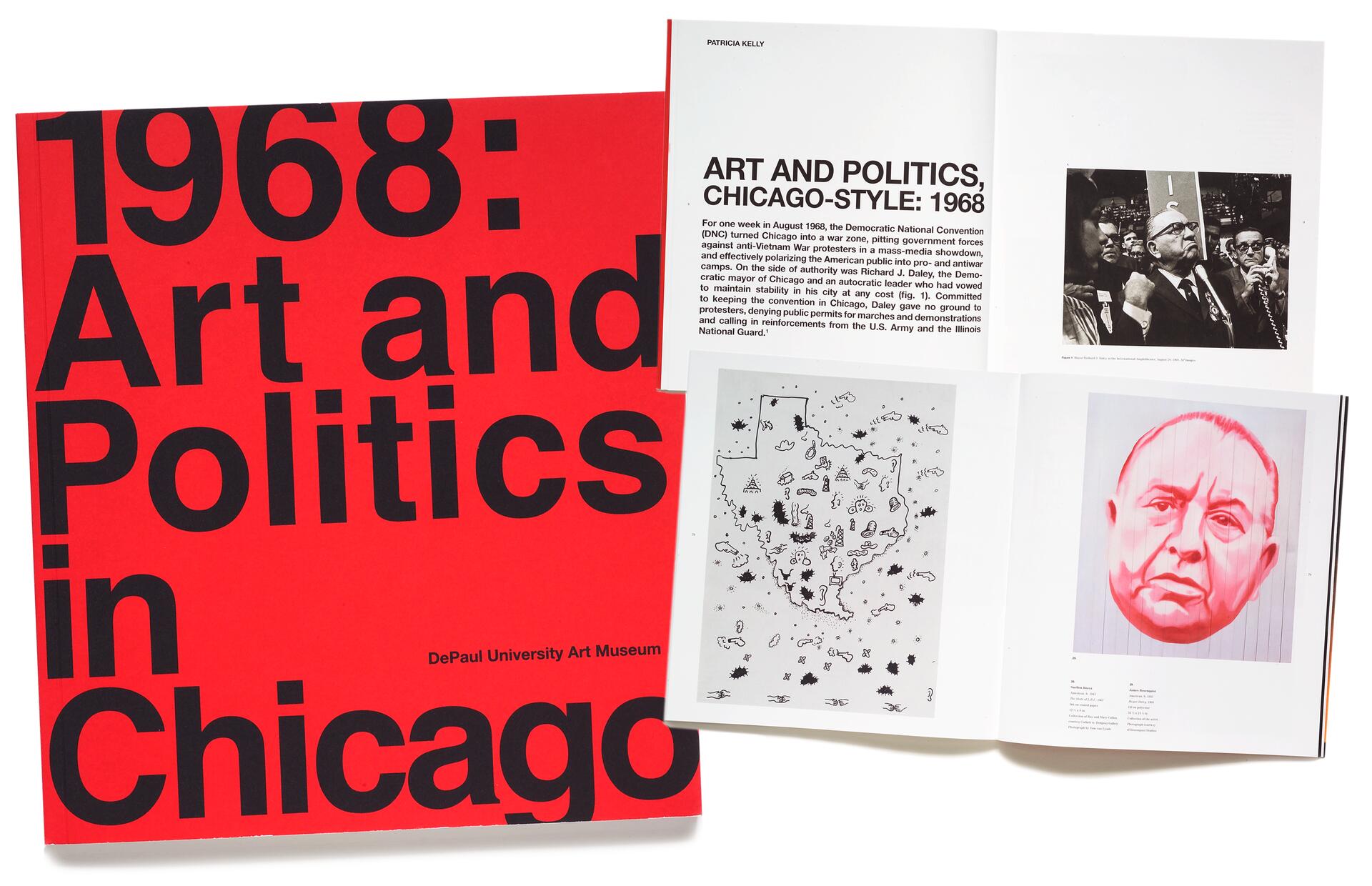 Red book cover titled "1968: Art and Politics in Chicago" with open pages displaying historical photos and illustrations related to Chicago's political scene in 1968.