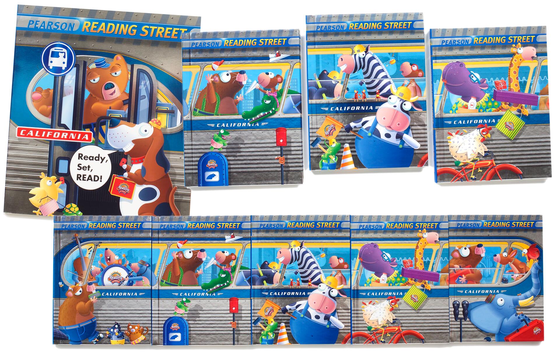 Colorful book covers displaying animated animals on a bus, including a bear and dog, with a speech bubble saying "Ready, Set, READ!" The covers are labeled "Pearson Reading Street California" with playful and vibrant illustrations.