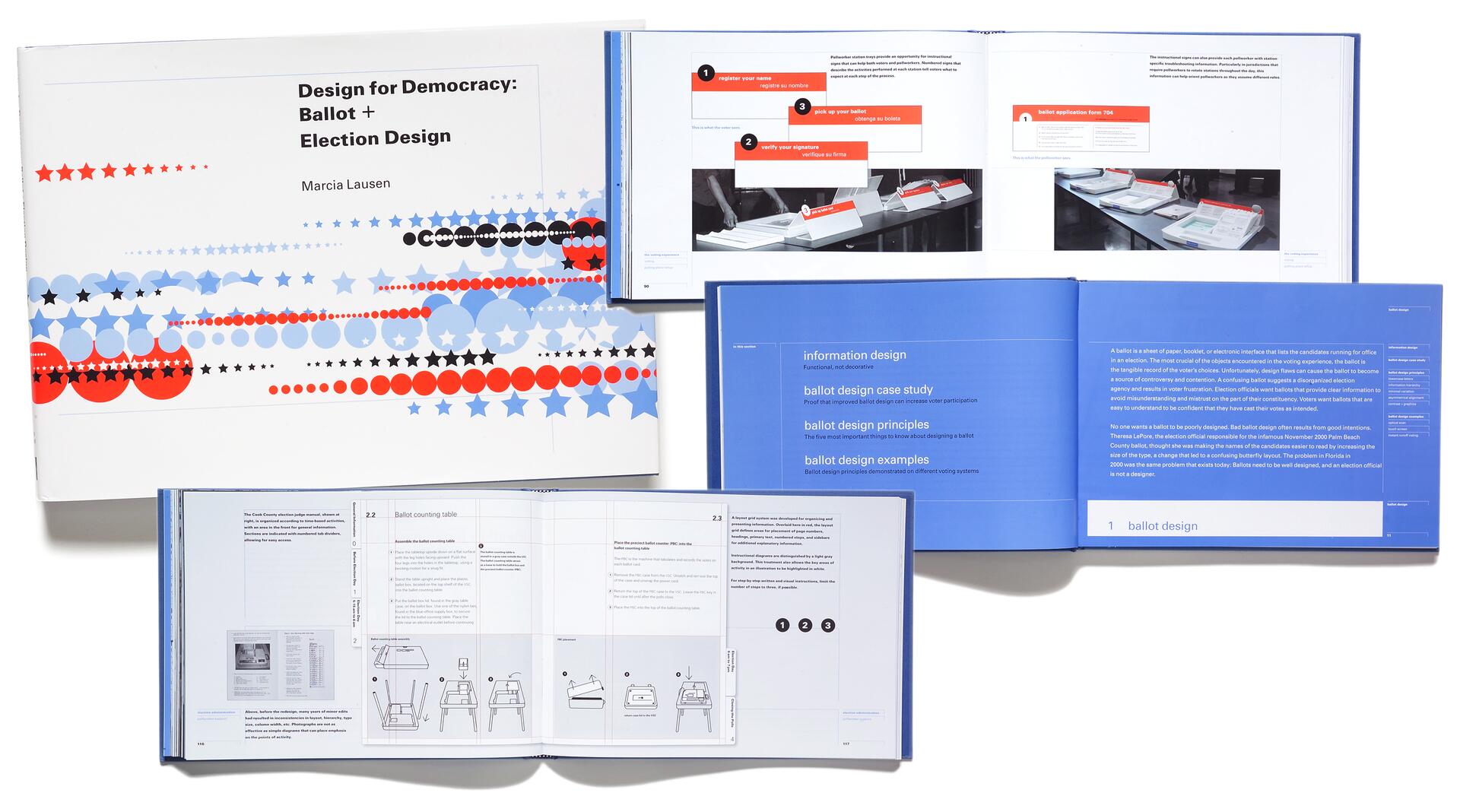 Three open books showcase "Design for Democracy: Ballot + Election Design" by Marcia Lausen. The designs feature colorful circles and stars in red, white, and blue patterns, and discussions on ballot design principles, case studies, and examples.