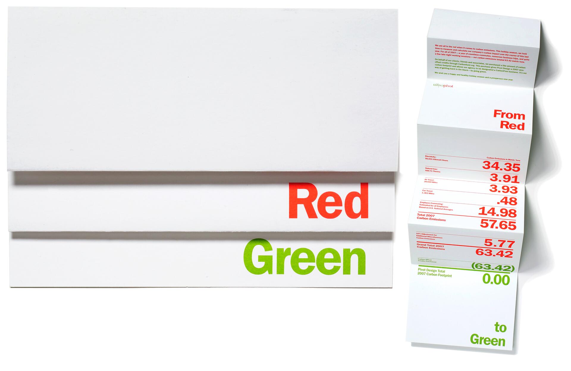 Folded white card with "Red" in bold red text and "Green" in bold green text. The unfolded section on the right displays red text numbers and descriptions transitioning from "Red" to "Green."
