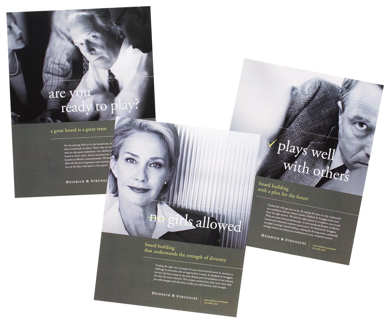 Three black and white business advertisements featuring serious expressions of two men and one woman, accompanied by text in a professional layout.