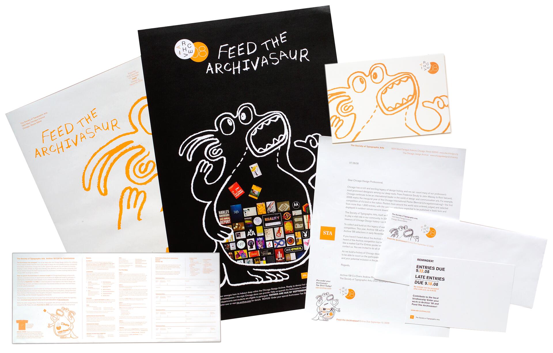 Illustration with a whimsical dinosaur holding various logos and text saying "Feed the Archivasaur." Surrounded by white pages featuring similar dinosaur illustrations and printed letters. The dominant colors are black, orange, and white.