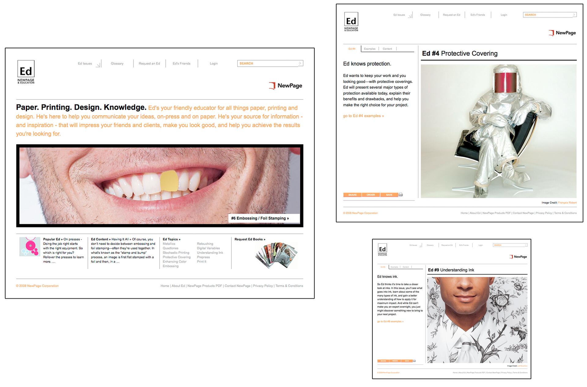 A collage of web pages from NewPage Ed. The main page shows a close-up of a smile with a yellow rectangle between teeth. A smaller page features a person in metallic protective gear sitting on a chair, and another shows a person in a floral-patterned shirt.