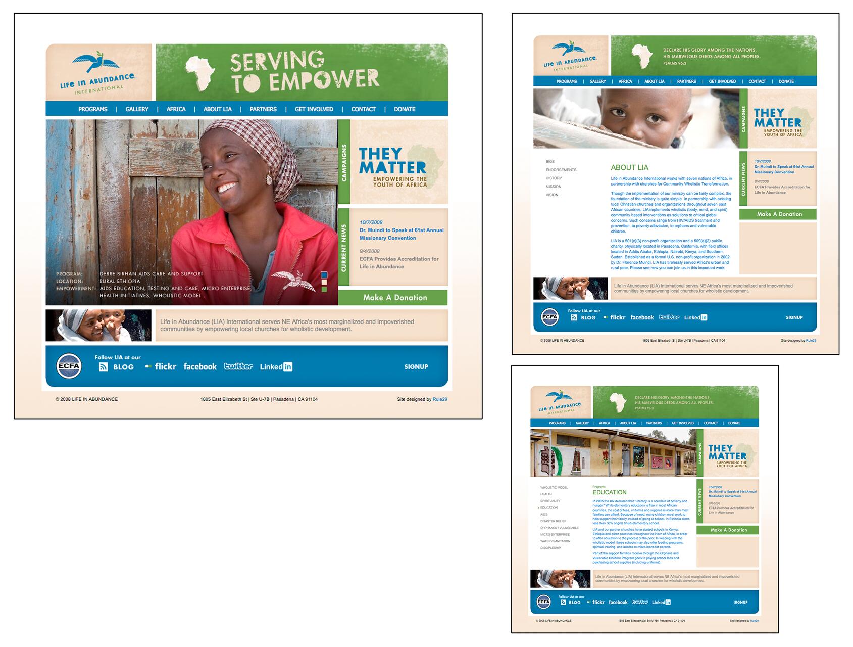 Three webpage screenshots for Life in Abundance, featuring a smiling woman and young child. Headings read "Serving to Empower" and "They Matter." Includes a donation button, social media icons, and sections on programs and education.