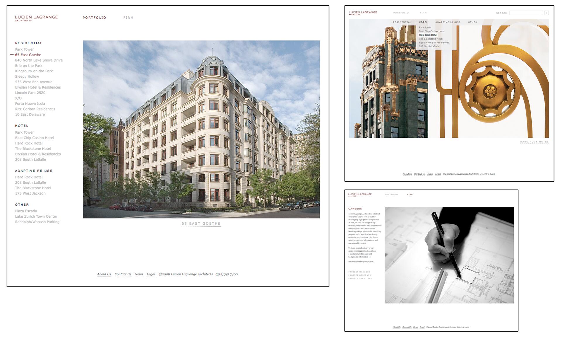 Website displaying architectural designs, including a grand, ornate residential building with rounded corners and a vintage hotel with decorative gold details. A black-and-white photo shows a hand drawing architectural plans.