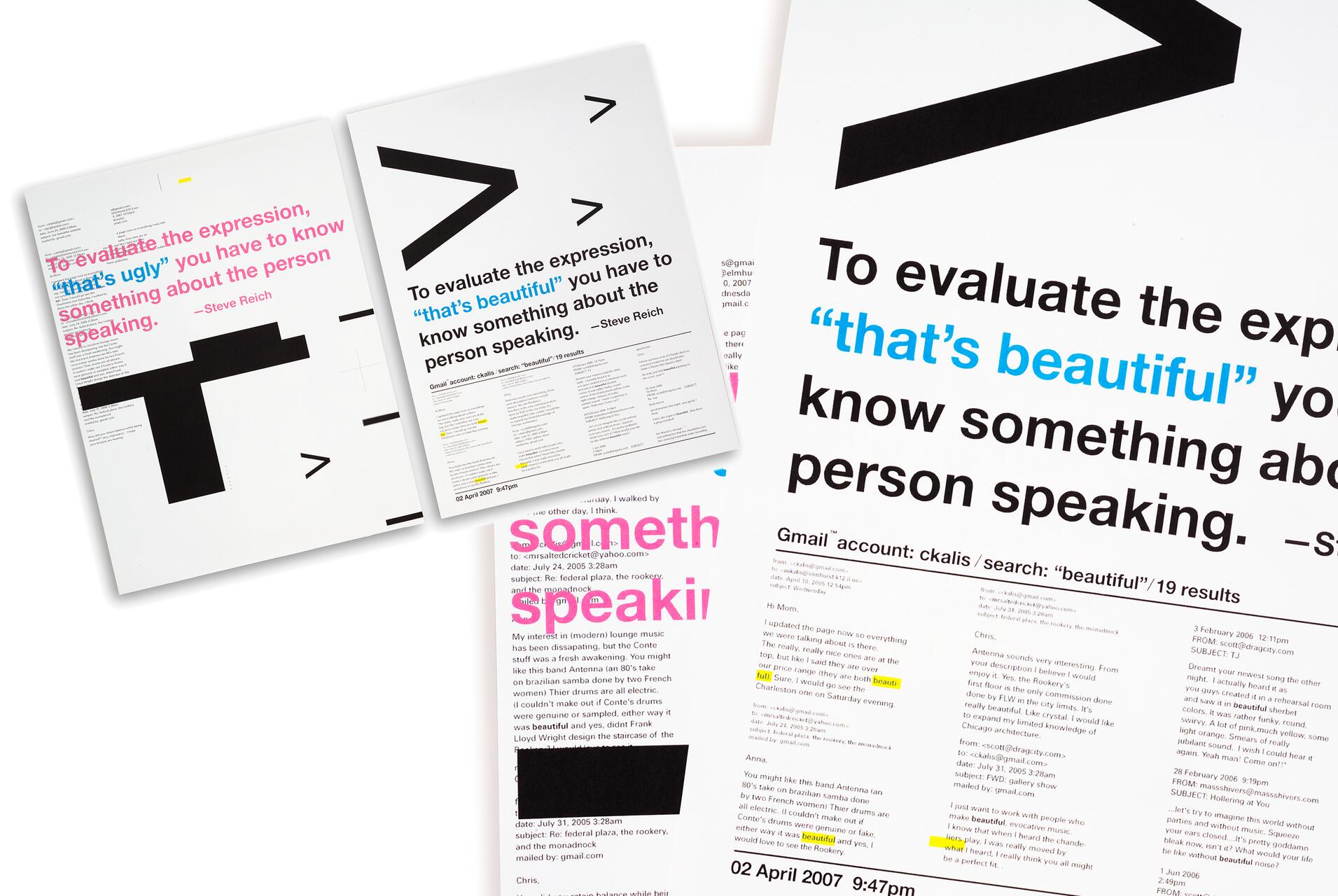 Bold black and colored text quotes on white pages with large abstract black shapes, featuring a quote by Steve Reich about evaluating expressions, in different colors and arrangements.