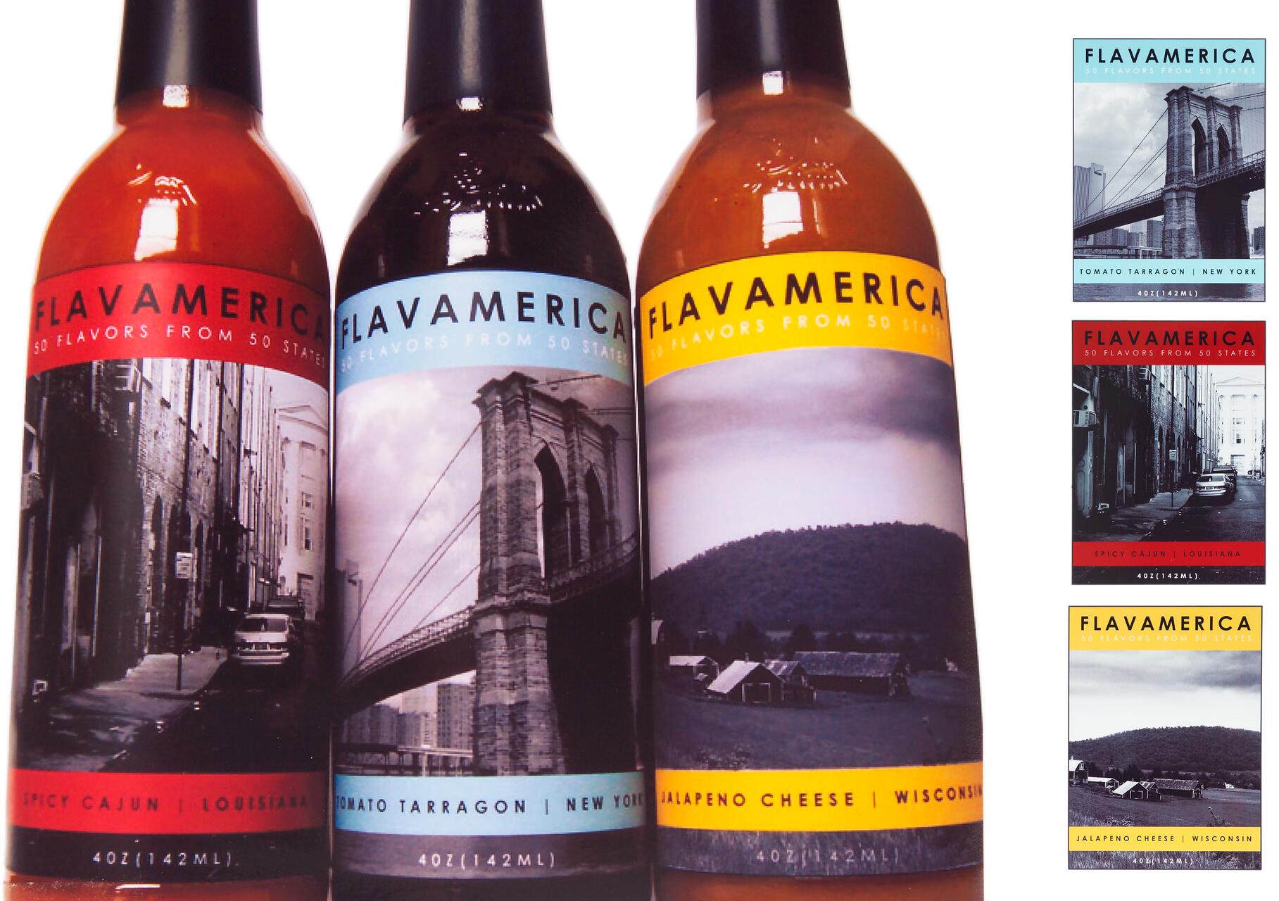 Three Flavamerica sauce bottles with vintage black-and-white images on the labels. From left to right: Spicy Cajun, Louisiana; Tomato Tarragon, New York; Jalapeno Cheese, Wisconsin.