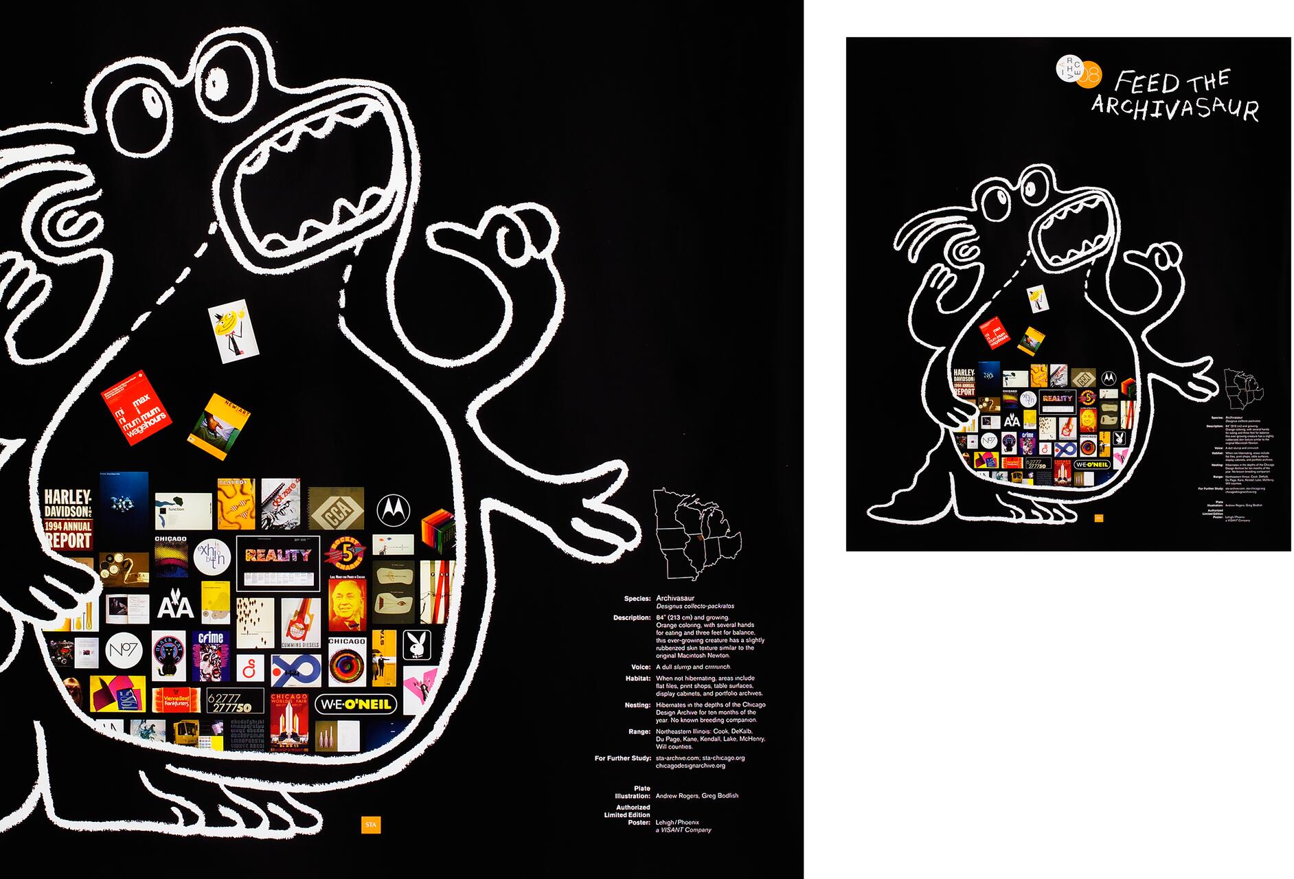 Cartoonish white outline of a creature on a black background, filled with various logos and images. Text reads "Feed the Archivasaur" above the creature.