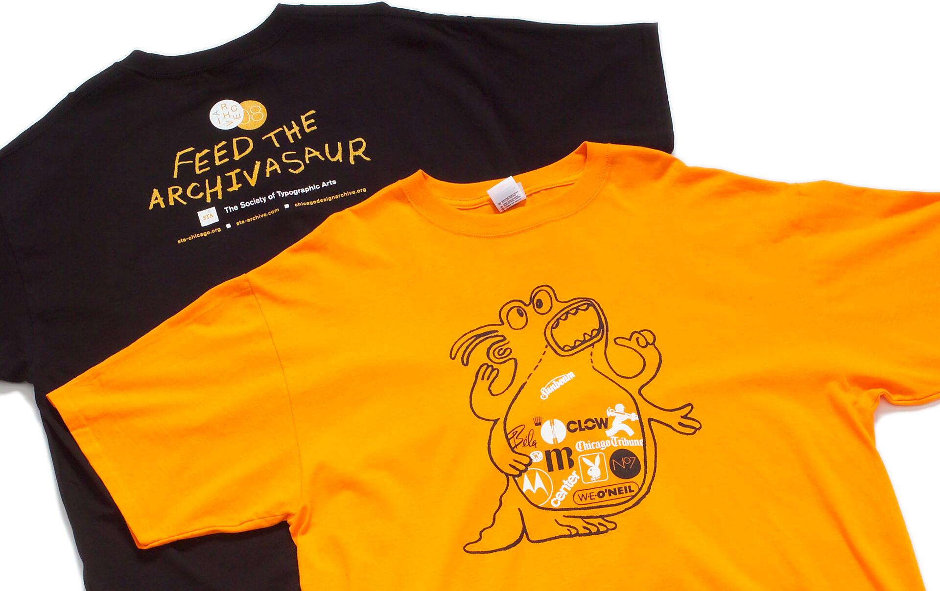 Two T-shirts, one black with "Feed the Archivasaur" in yellow text, the other orange with a cartoon dinosaur design on the front.