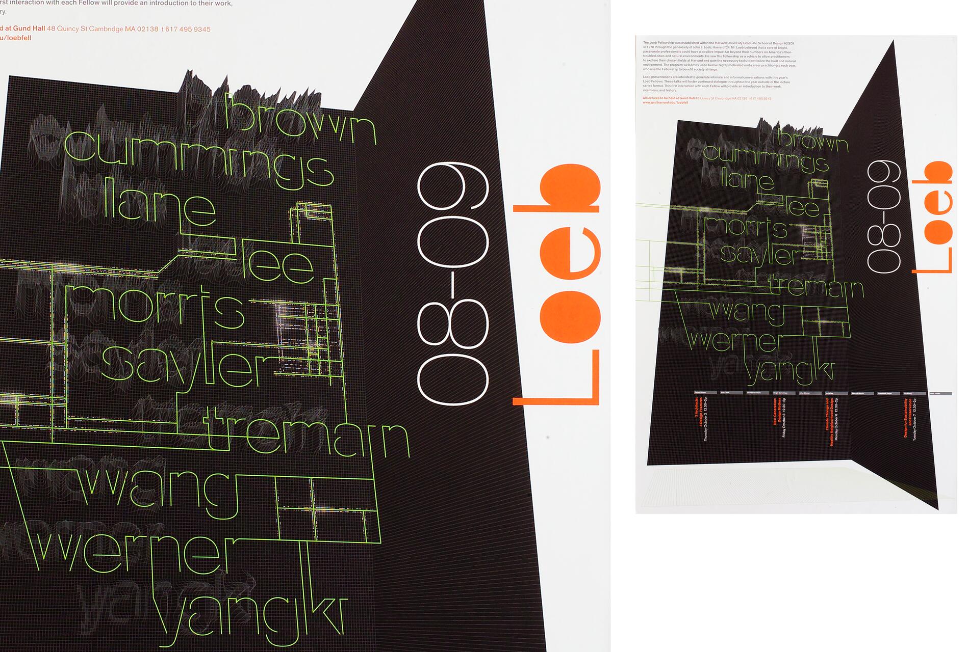 Black and white poster with abstract green line designs and names. "Loeb" in orange and "08-09" in white vertical text on the right.