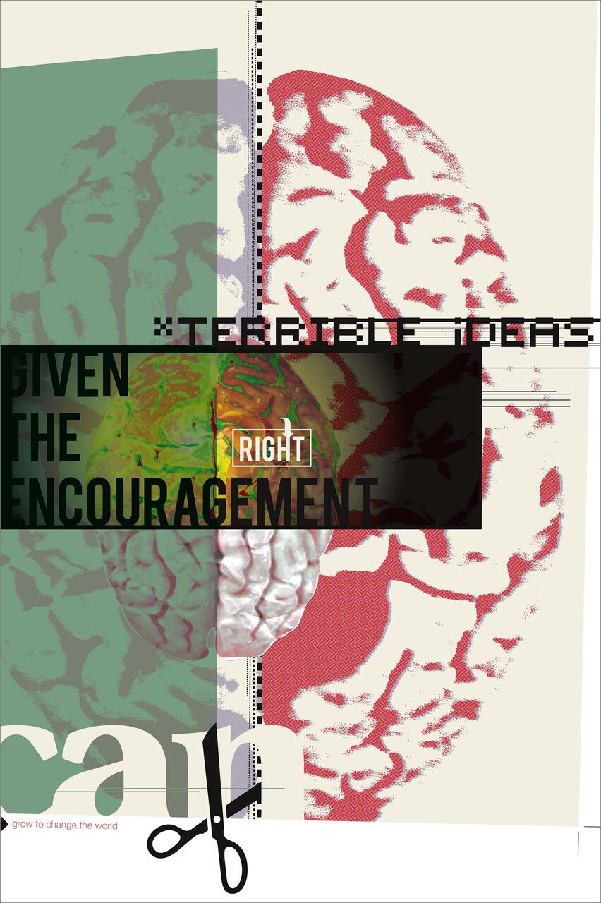 Graphic collage featuring a brain in green and red with text elements, a black scissors icon, and various abstract shapes and colors interwoven.