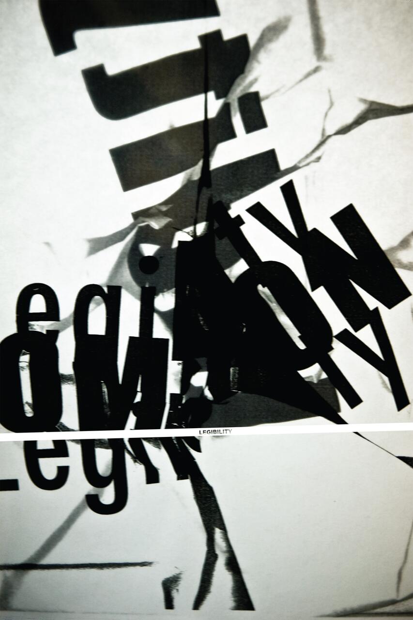 Abstract black and white graphic with overlapping large and small text, partially legible, on a textured background.