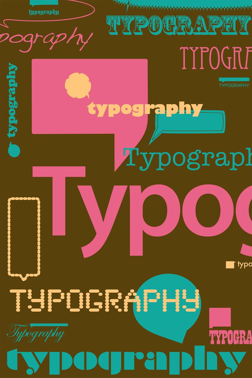 Collage of the word "Typography" in various styles, colors, and sizes on a brown background, featuring speech bubble shapes and different fonts.