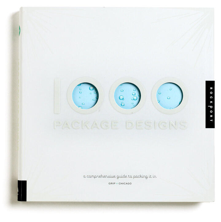 Book cover titled "1,000 Package Designs" with embossed text and three circular cutouts revealing light blue with water droplets. Published by Rockport.