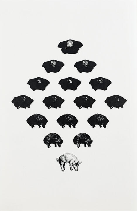 Illustration of police hats arranged in a pyramid shape, transforming into pigs as they descend, with a detailed pig at the bottom.
