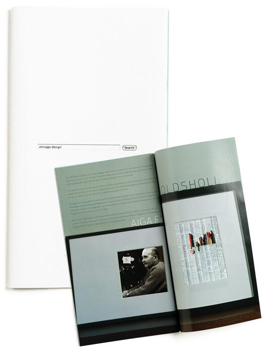 Open magazine with a search bar and text on the left page, and a photo of a man alongside colorful pencils on a grid-like background on the right page. Pages have a minimal and modern design.