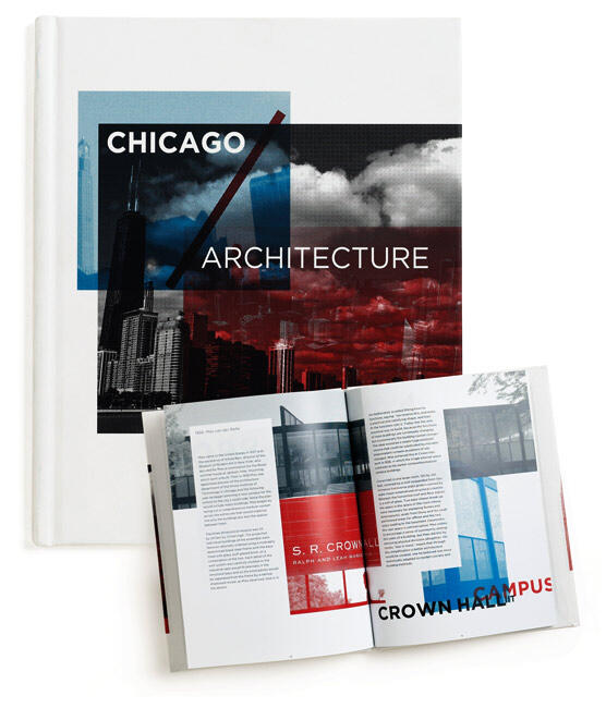 Closed book titled "Chicago Architecture" featuring a city skyline with a book open below showing text and images of modern buildings.