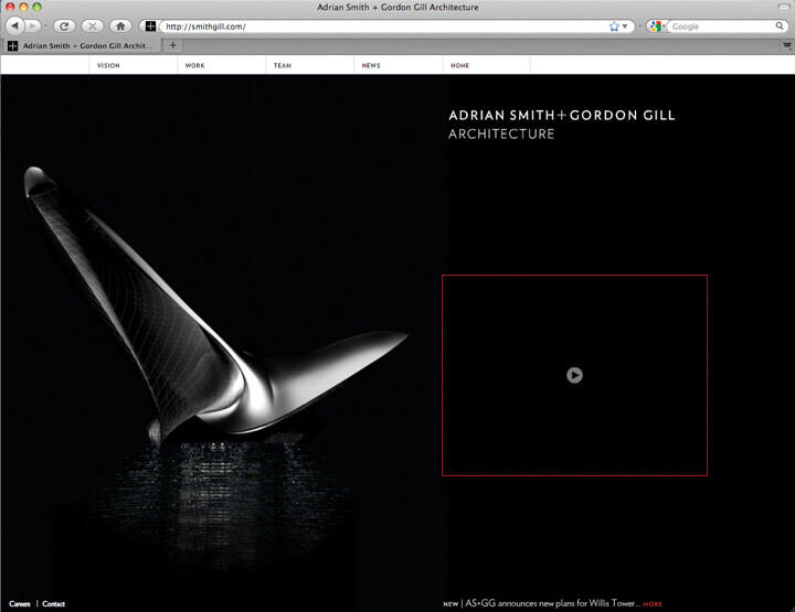 Website interface featuring a sleek, futuristic architectural design on the left. The background is dark with a play button overlaid on the right side, indicating multimedia content. Top navigation includes sections like vision, work, and news.