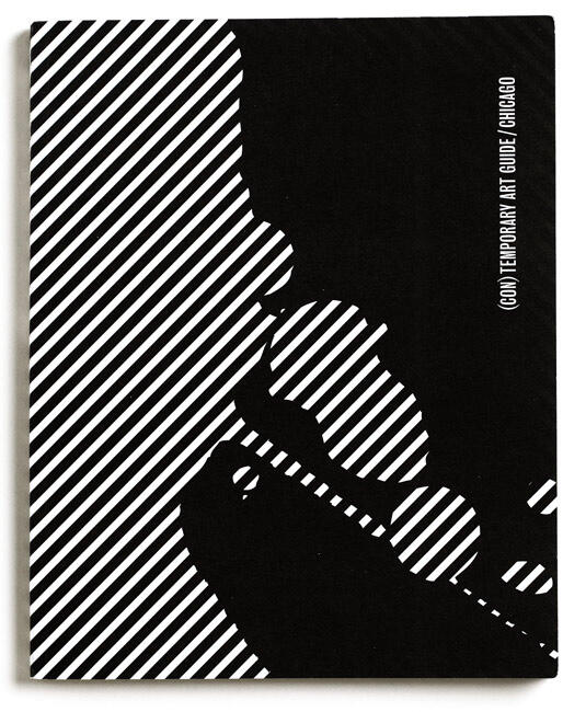 Black and white graphic cover with diagonal stripes and abstract silhouette of a face and trumpet. Vertical text reads "Contemporary Art Guide Chicago."