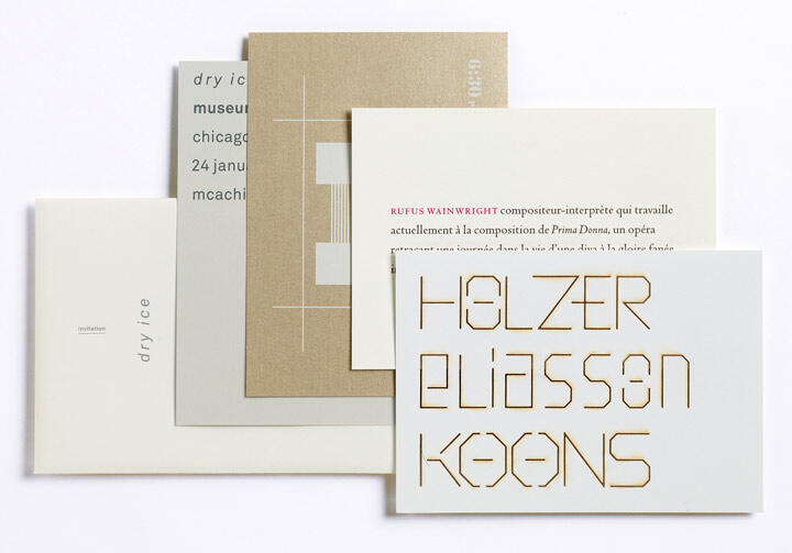 Overlapping cards with varying fonts and designs, featuring artist names and event details in different languages. Neutral tones dominate the cards, with text including "HOLZER," "RUFUS WAINWRIGHT," and "dry ice."
