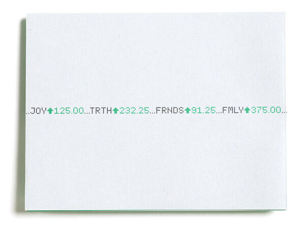 White card with green text listing values for joy, truth, friends, and family as monetary amounts, each followed by a green upward arrow.