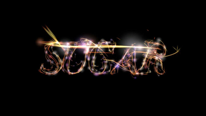 Glowing text spelling "SUGAR" with vibrant, swirling colors on a black background.