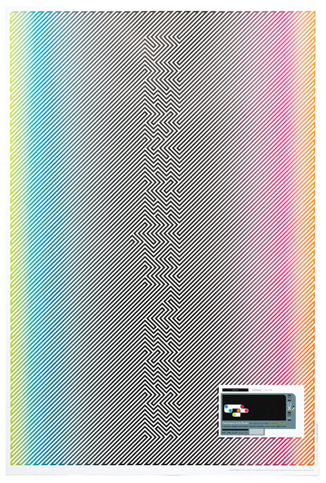 Abstract pattern with diagonal black lines on a gradient background transitioning from yellow to blue to red, with a small inset graphic of a printer in the bottom right corner.