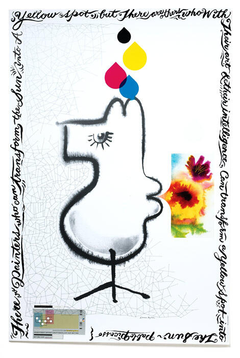 Abstract illustration of a stylized bird silhouette outlined in black, with paint splashes of magenta, blue, yellow, and black above its head. A colorful floral design is present on the right side. Decorative text borders the image.