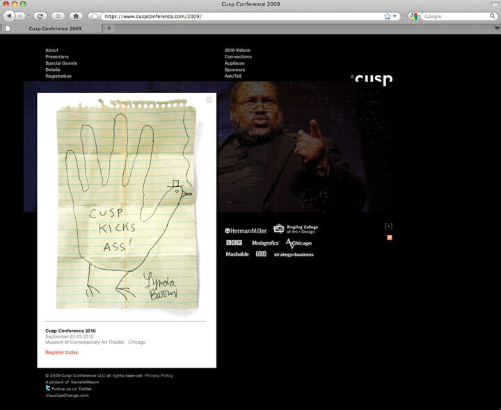 A computer screen showing a website for the Cusp Conference 2009. On the left, a drawing of a hand shaped like a turkey with the words "CUSP KICKS ASS!" written on it. On the right, a photograph of a person speaking.