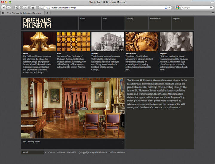 Driehaus Museum website screenshot displaying its header, photo links to sections, and a detailed description of a lavish drawing room with vintage furniture.