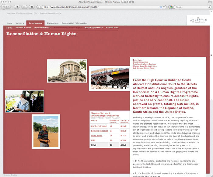 Web page with a red background titled "Reconciliation & Human Rights," featuring three small photos of diverse scenes, text detailing grant allocations and objectives, and a sidebar with an overview of the section.