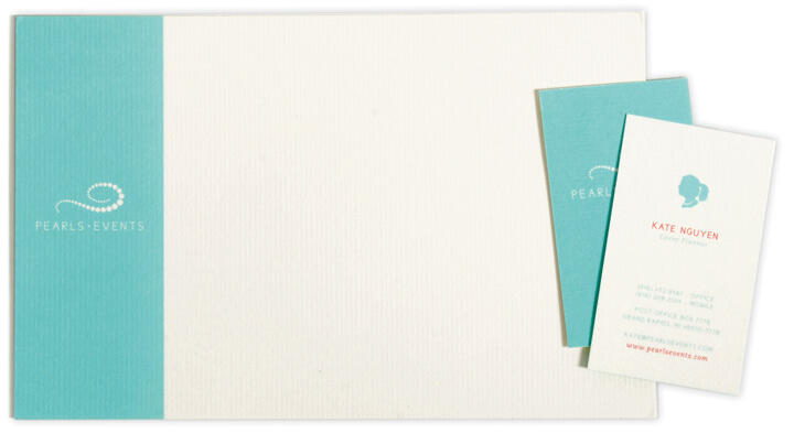 Pearls Events stationery set with a teal and white color scheme, featuring a business card with a silhouette logo and contact details.