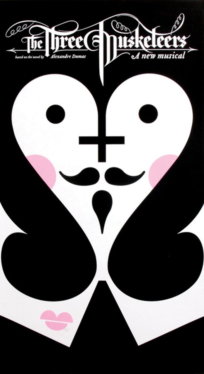 Stylized graphic of two faces forming a heart shape with symmetrical black and white features, including mustaches and pink cheeks, set against a black background. Musical title "The Three Musketeers" at the top.