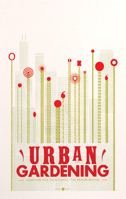 Stylized graphic of a city skyline with green and red plant-like towers resembling flowers, titled "Urban Gardening" in bold letters at the bottom.