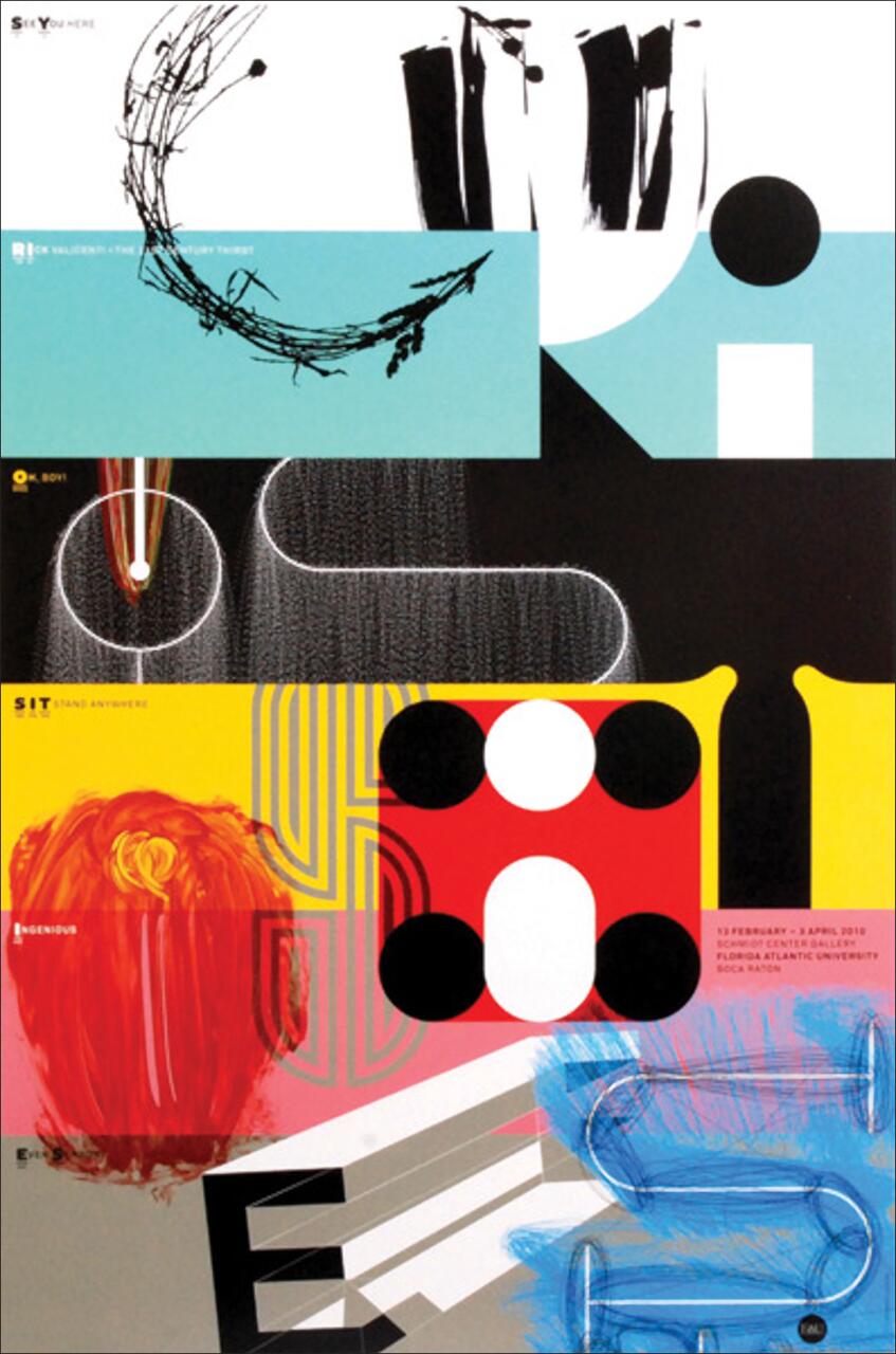 Abstract graphic poster with bold, overlapping geometric shapes and vibrant colors, including black, white, red, and blue. Mixed media elements and textured patterns create a dynamic, layered composition.