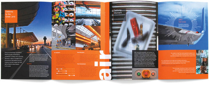 A colorful brochure spread featuring airport imagery with multiple panels displaying photos of airport interiors, architecture, and passengers. Orange and blue tones dominate, with text highlighting services and features like a plane wing graphic and various airport elements.