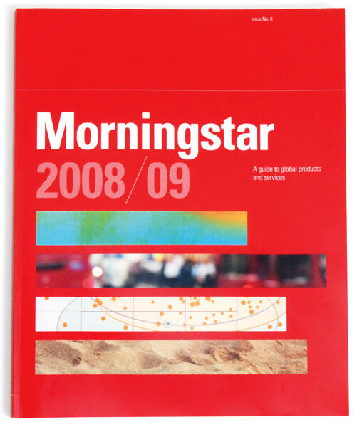 Red cover of a Morningstar publication for 2008/09 featuring a guide to global products and services. Includes colorful abstract designs and a series of horizontal graphics.
